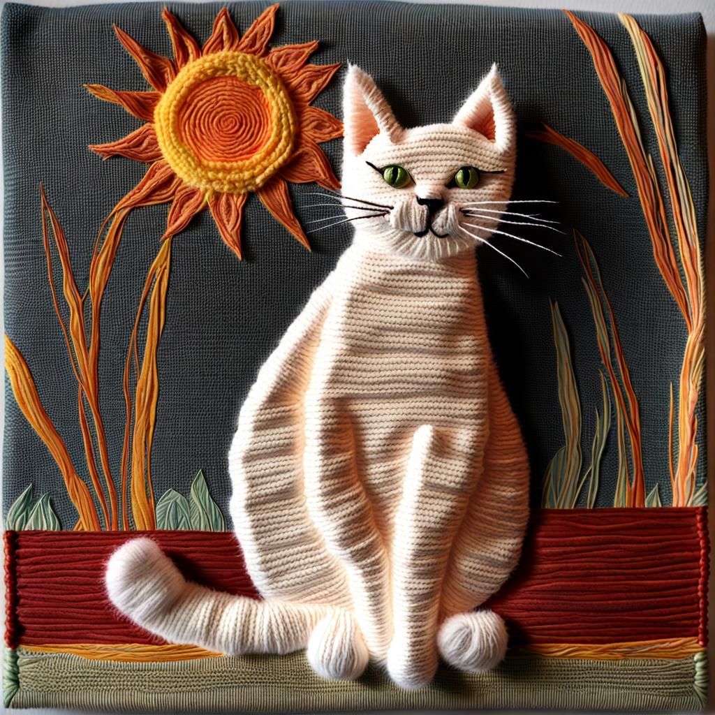 Sunlit Cat in Textile Art Style
