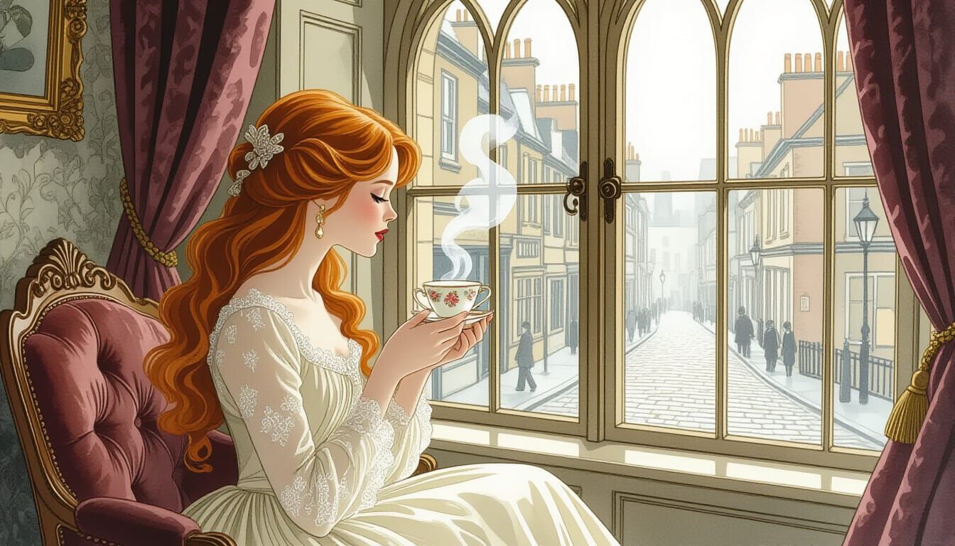 Victorian Lady Enjoys Tea by Arched Window