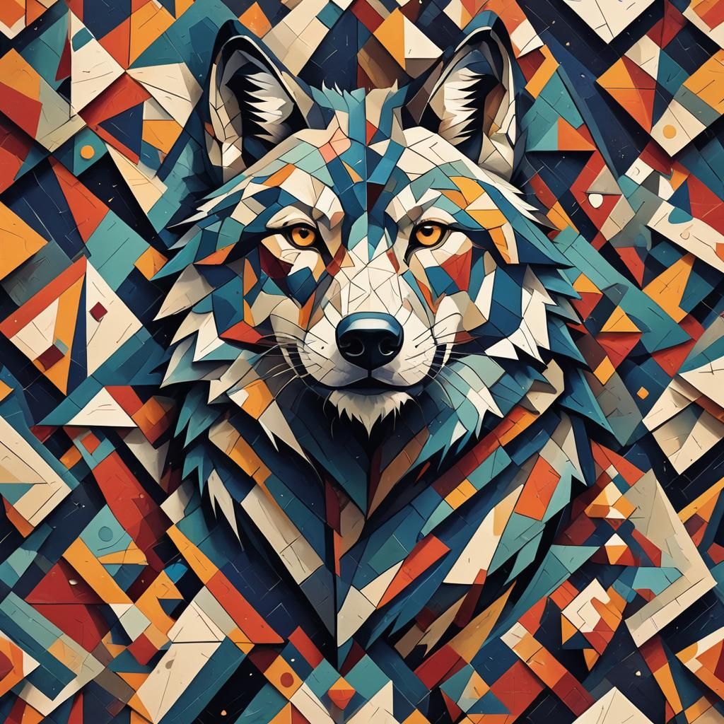 Geometric Wolf Cubist Art Deco Painting