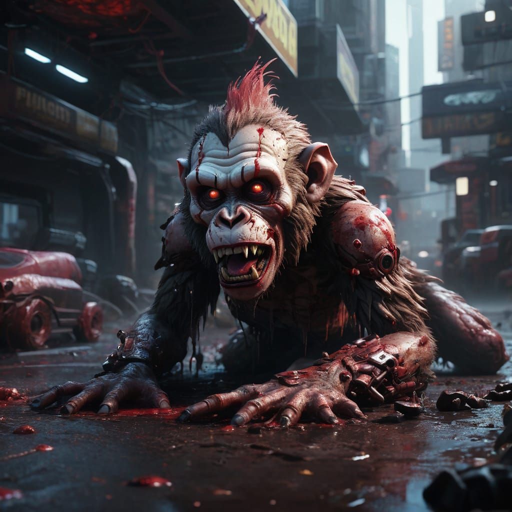 Cyberpunk Zombie Monkey Monster Clown in Neon-Lit Grunge
