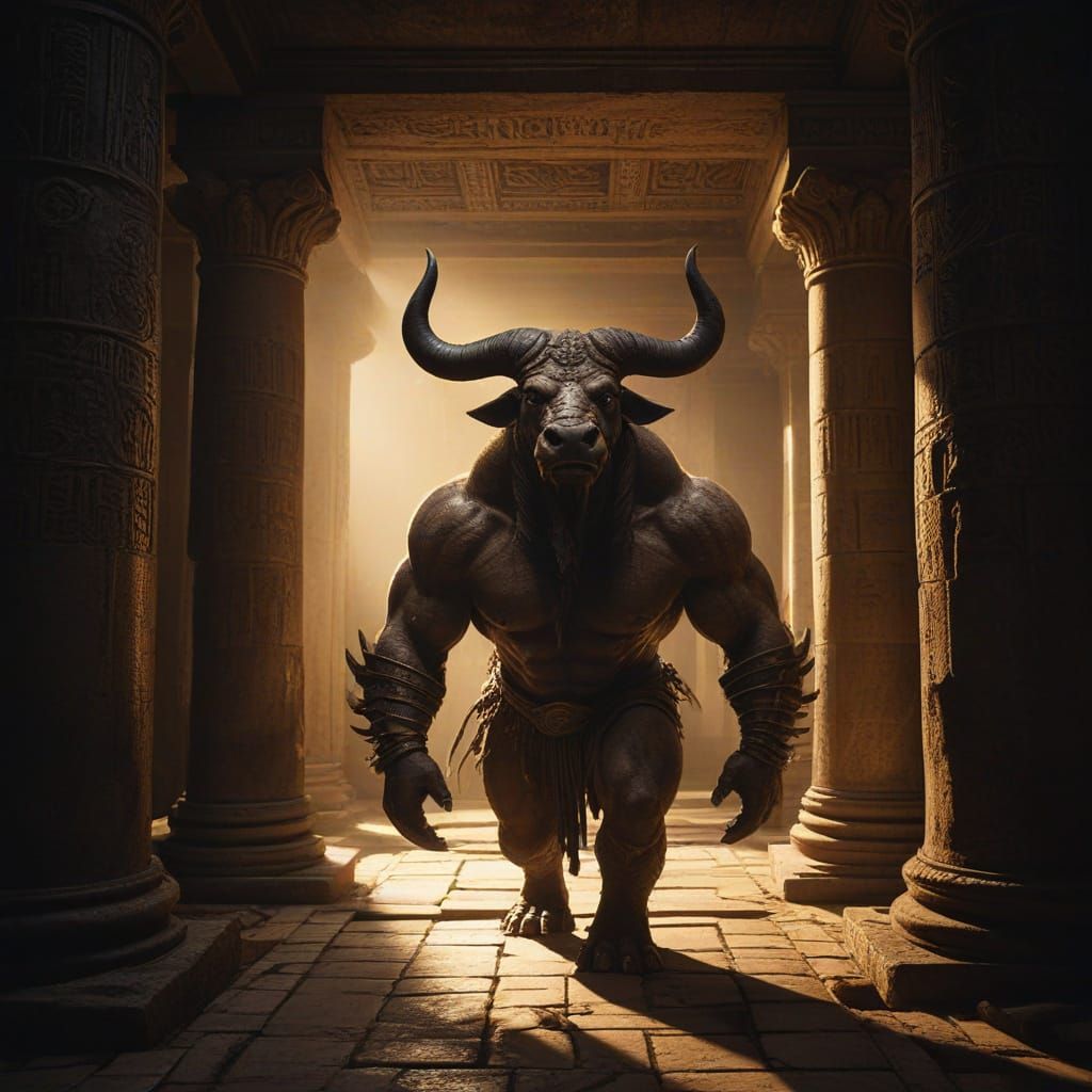 Giant Minotaur in Ancient Greek Temple Sanctuary