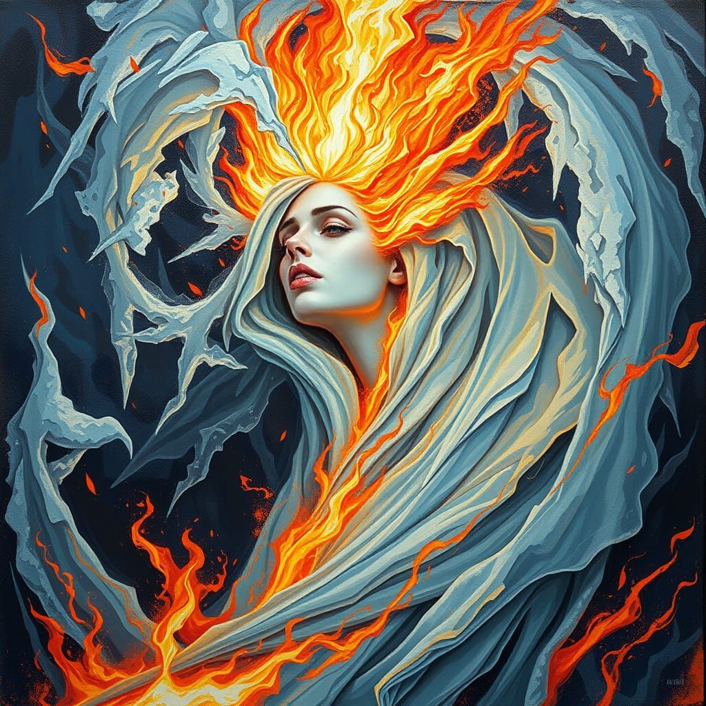 Ethereal Goddess of Ice and Fire in a Vortex of Frozen Flame...