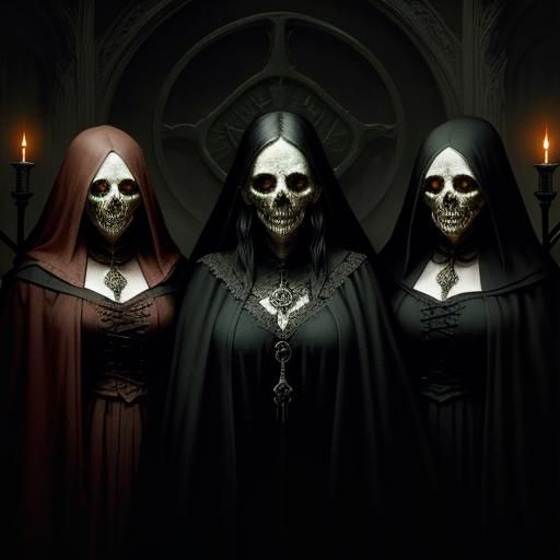 Witches Huddled with Wizard in Dark Gothic Horror
