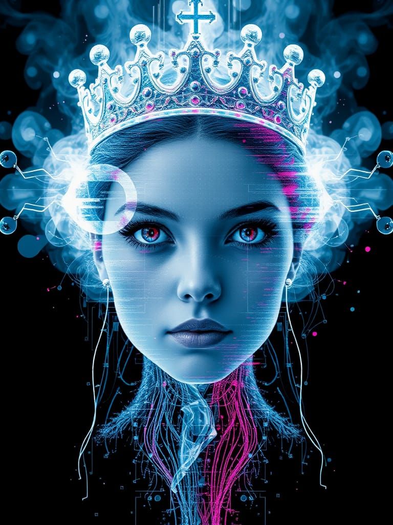 Cyborg Princess Crowned in Digital Glitches