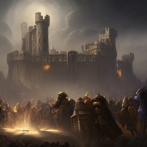 Cosmic Medieval Army Sieging Castle: Digital Matte Painting