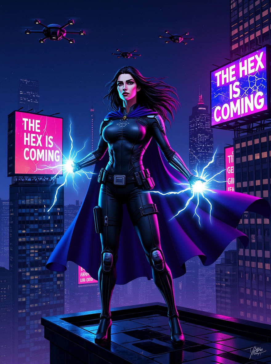 Techno-Witch Superhero on Futuristic City Rooftop