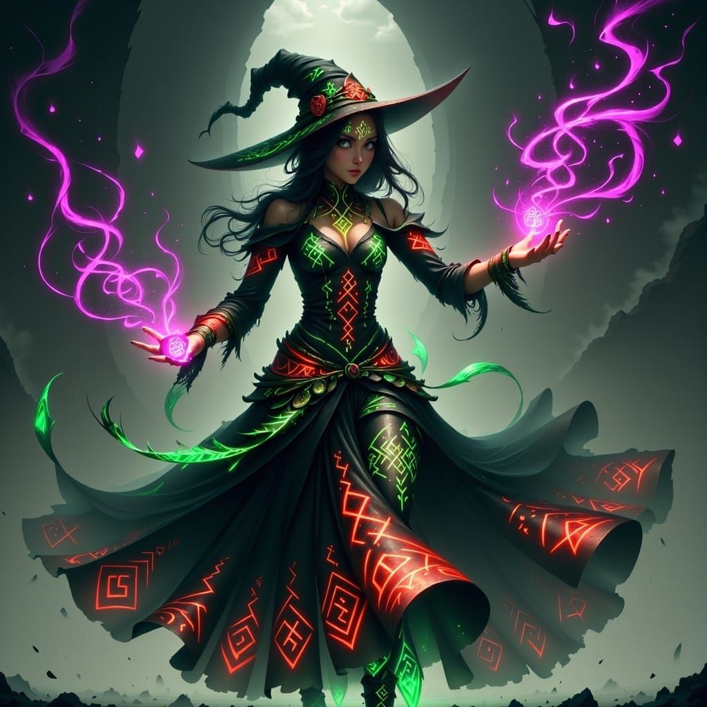 Mystical Halloween Witch with Radiant Magical Orbs in a Dark...