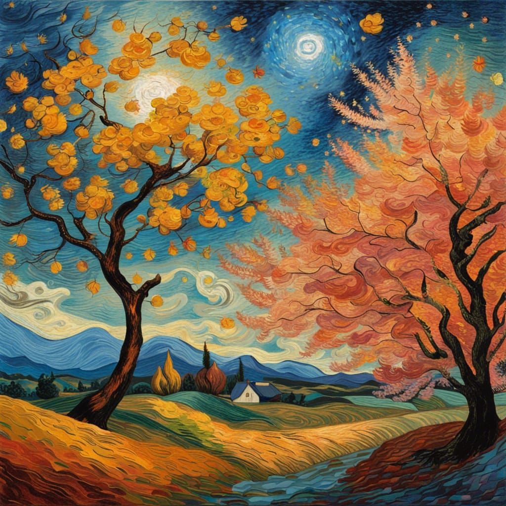 Autumn and Spring Galaxy Landscape in Impressionist Style