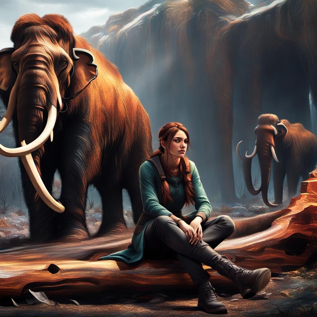 Sad Girl at Mammoth Carcass: Art Nouveau Concept Art