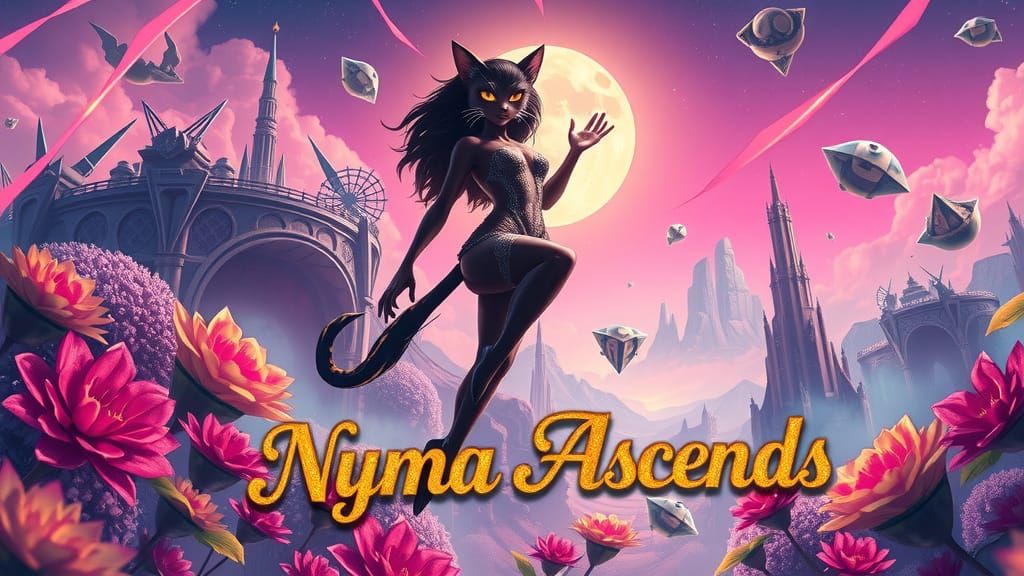 Divine Cat Goddess Ascending in Cyberpunk Landscape