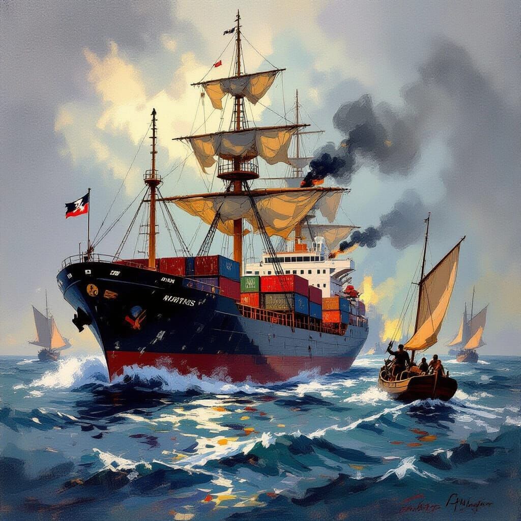 Pirates Raid Modern Container Ship in Gouache Painting