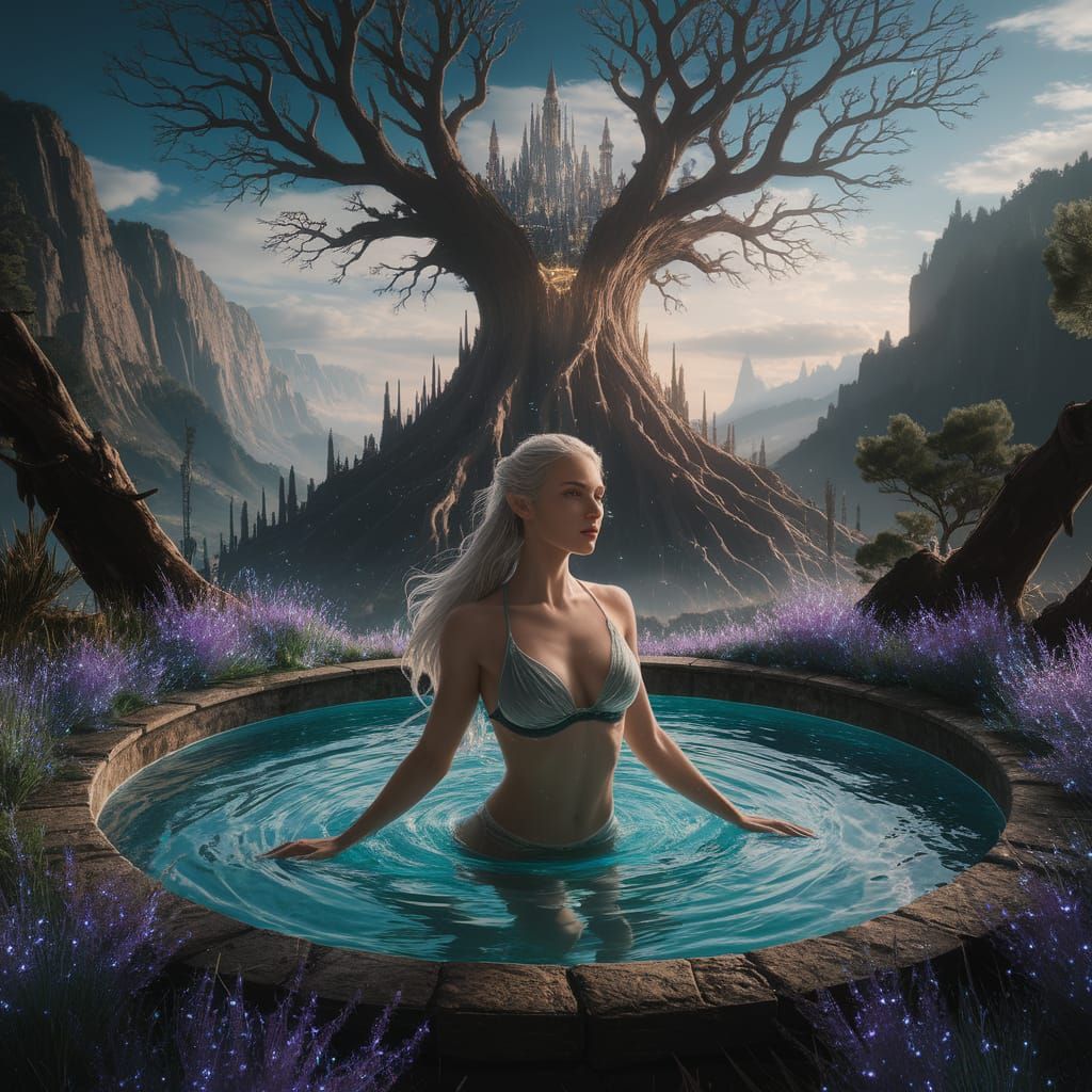 Futuristic Elven City in Ancient Tree, Cinematic Lighting