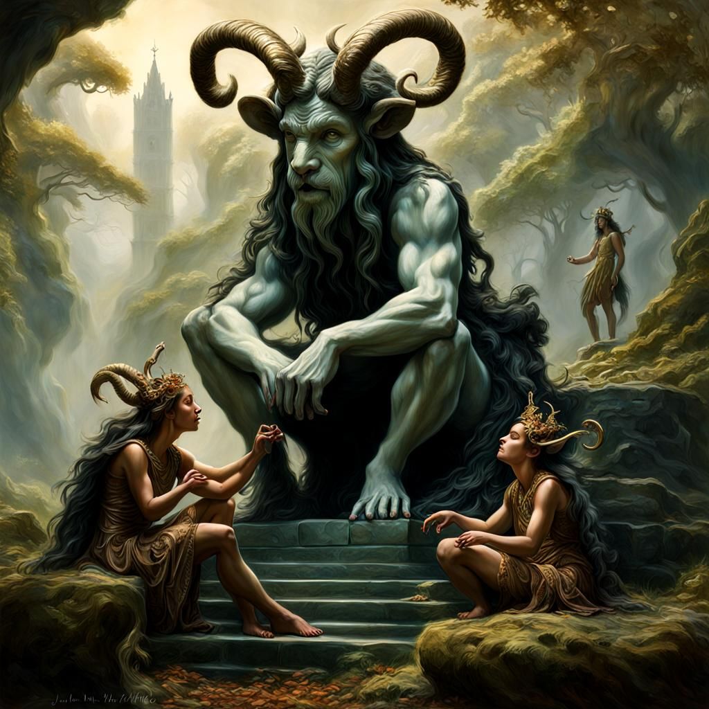 nymphs worshipping greek god faun