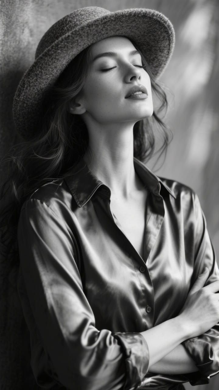 Serene Woman in Felt Hat, Hyperrealistic Black & White Portr...