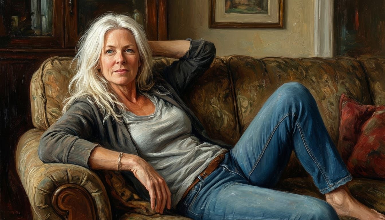 Woman Reclining at Home in Casual Clothes, Oil Painting