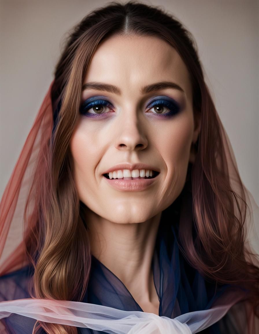 Woman wearing navy blue rainbow chiffon voile robes. Wearing silk robes of see-through tulle. Long puffy chiffon Headsca...