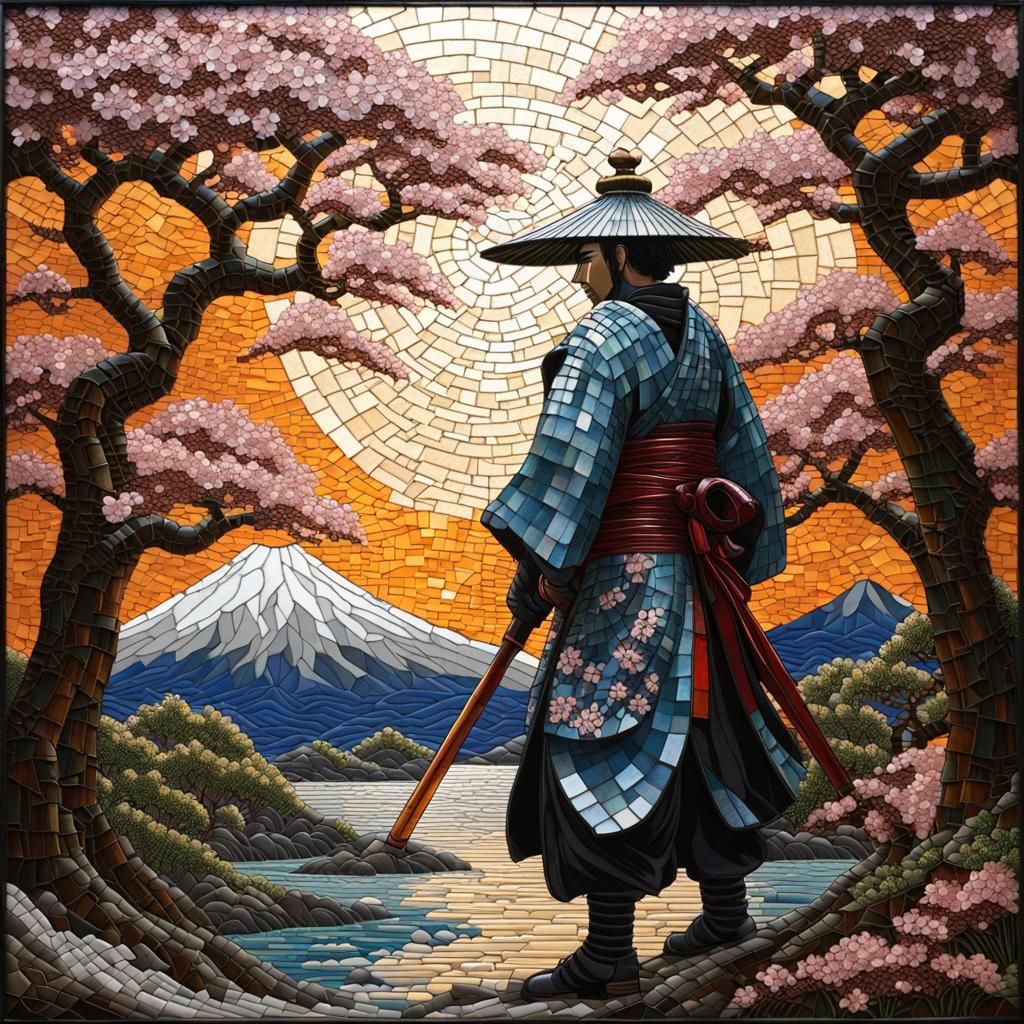 Stained Glass Samurai and Sakura Mosaic