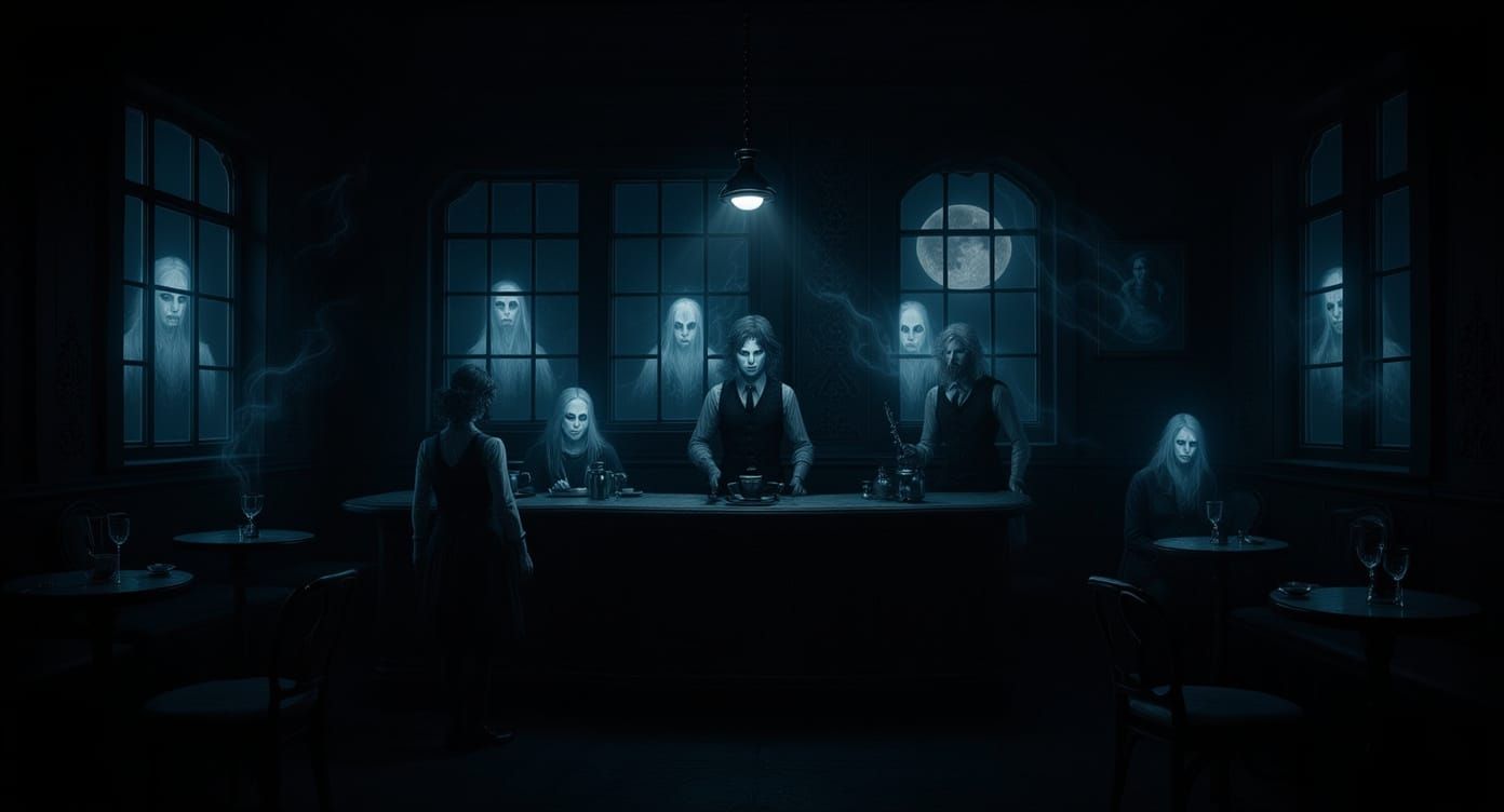 Ghostly Coffeehouse in Moonlit Gothic Style