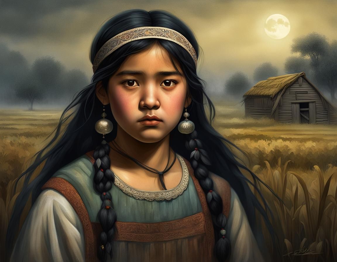 Eurasian Peasant Girl Portrait in Moonlight