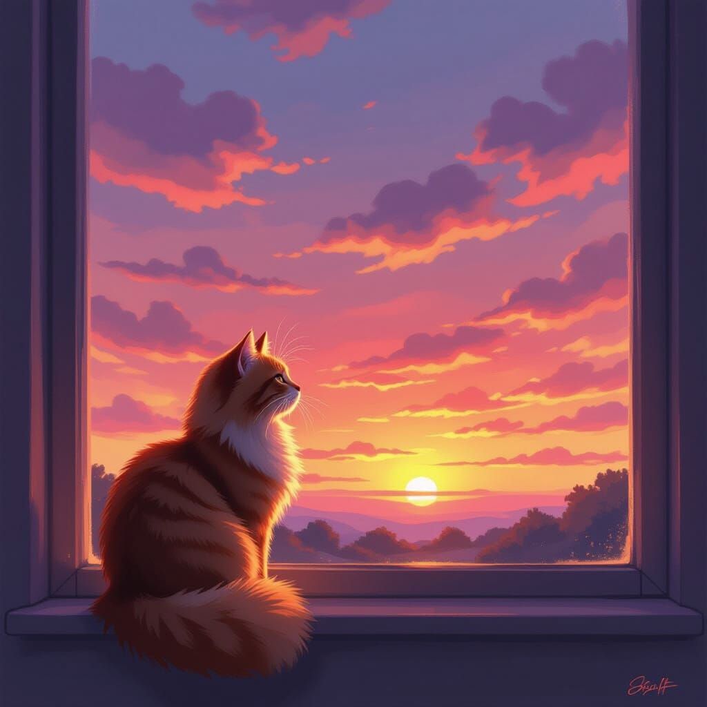 Fluffy Cat Silhouetted Against Vibrant Sunset