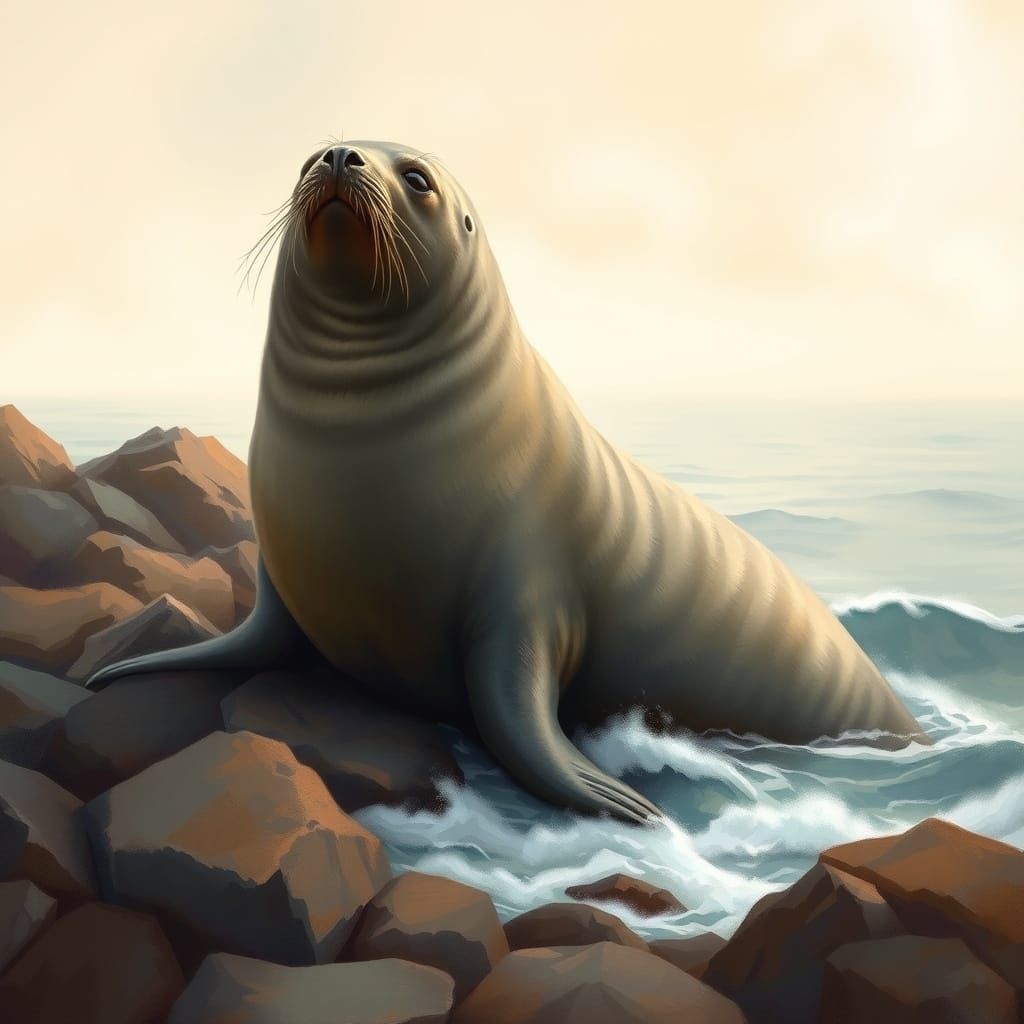 Seal Resting on Rocky Coastline in Wildlife Art Style
