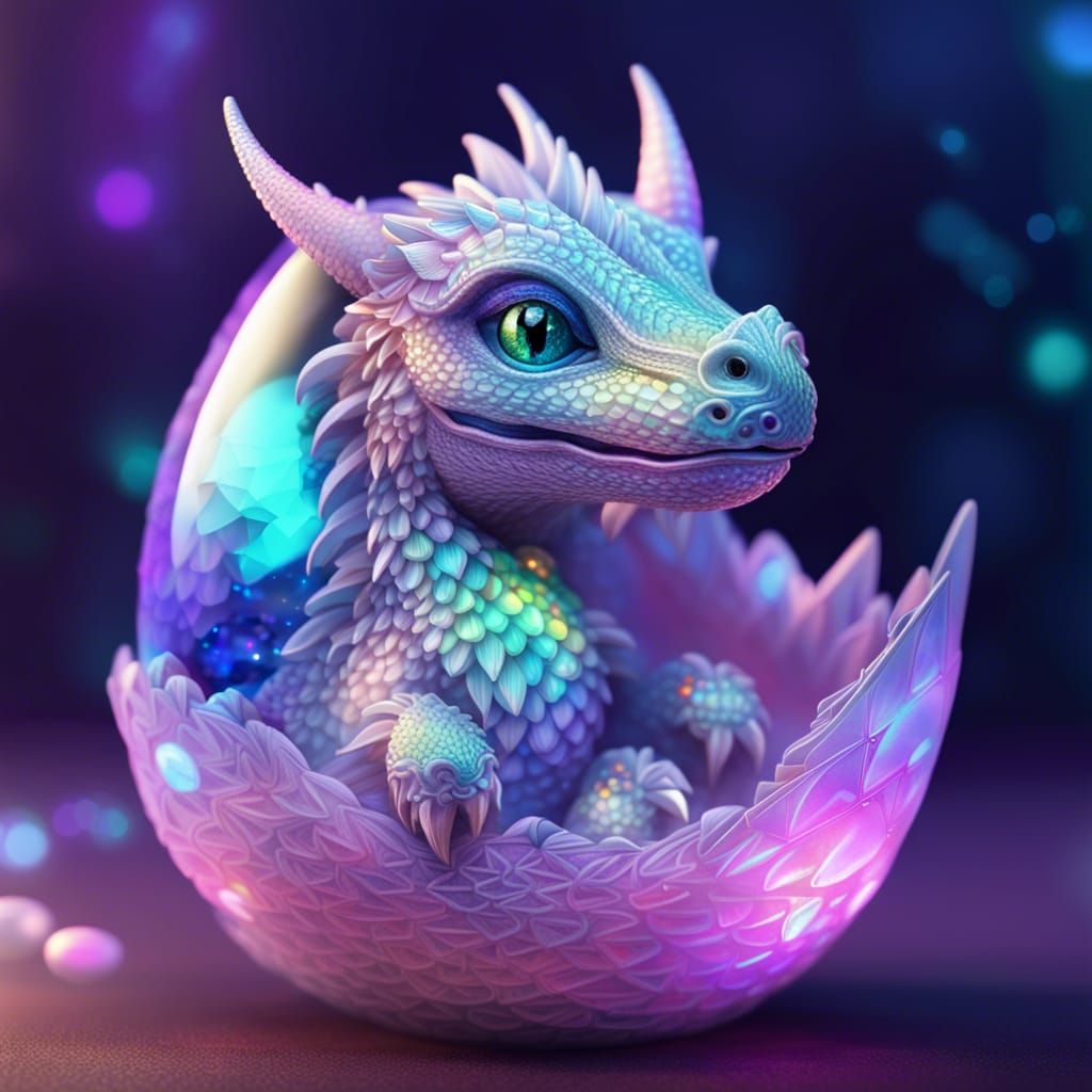 Pastel Holographic Dragon Hatching from Crystal Egg