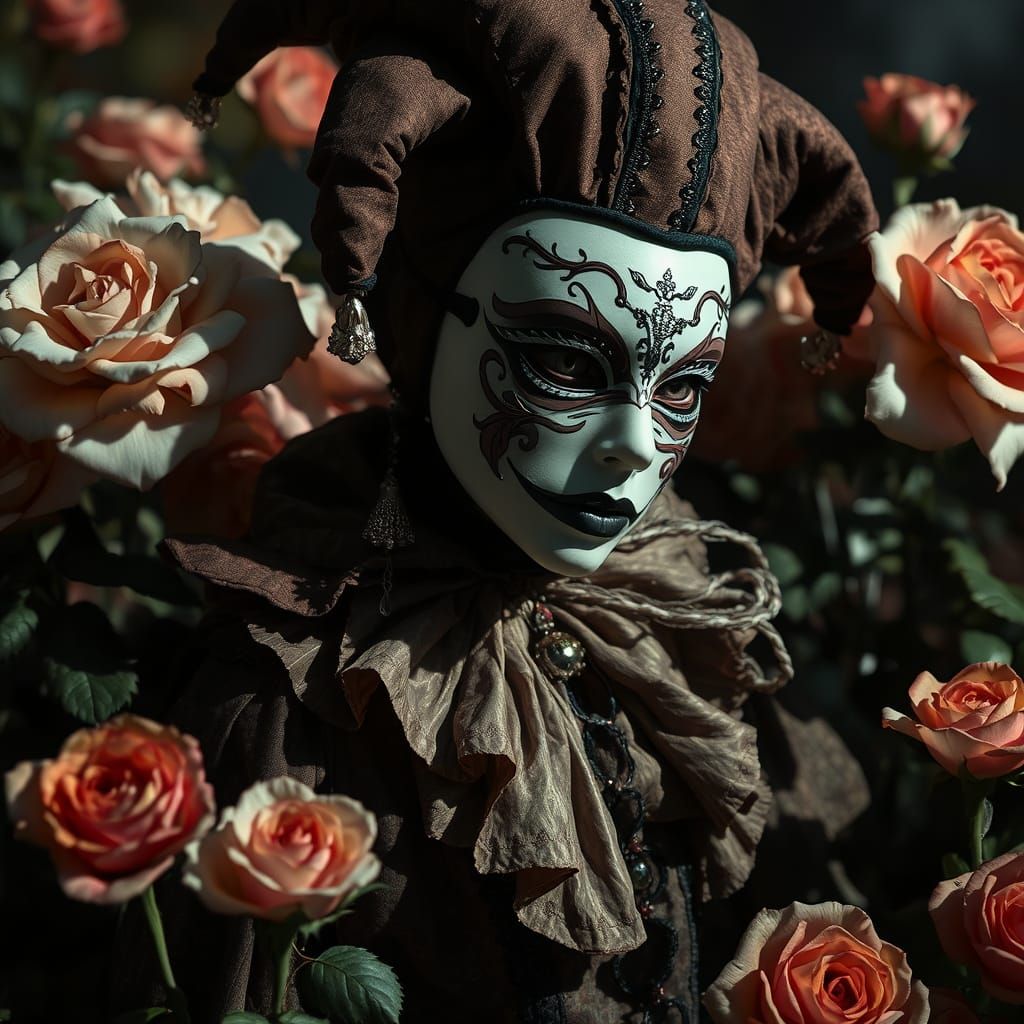 Sorrowful Harlequin in a Gothic Rose Garden