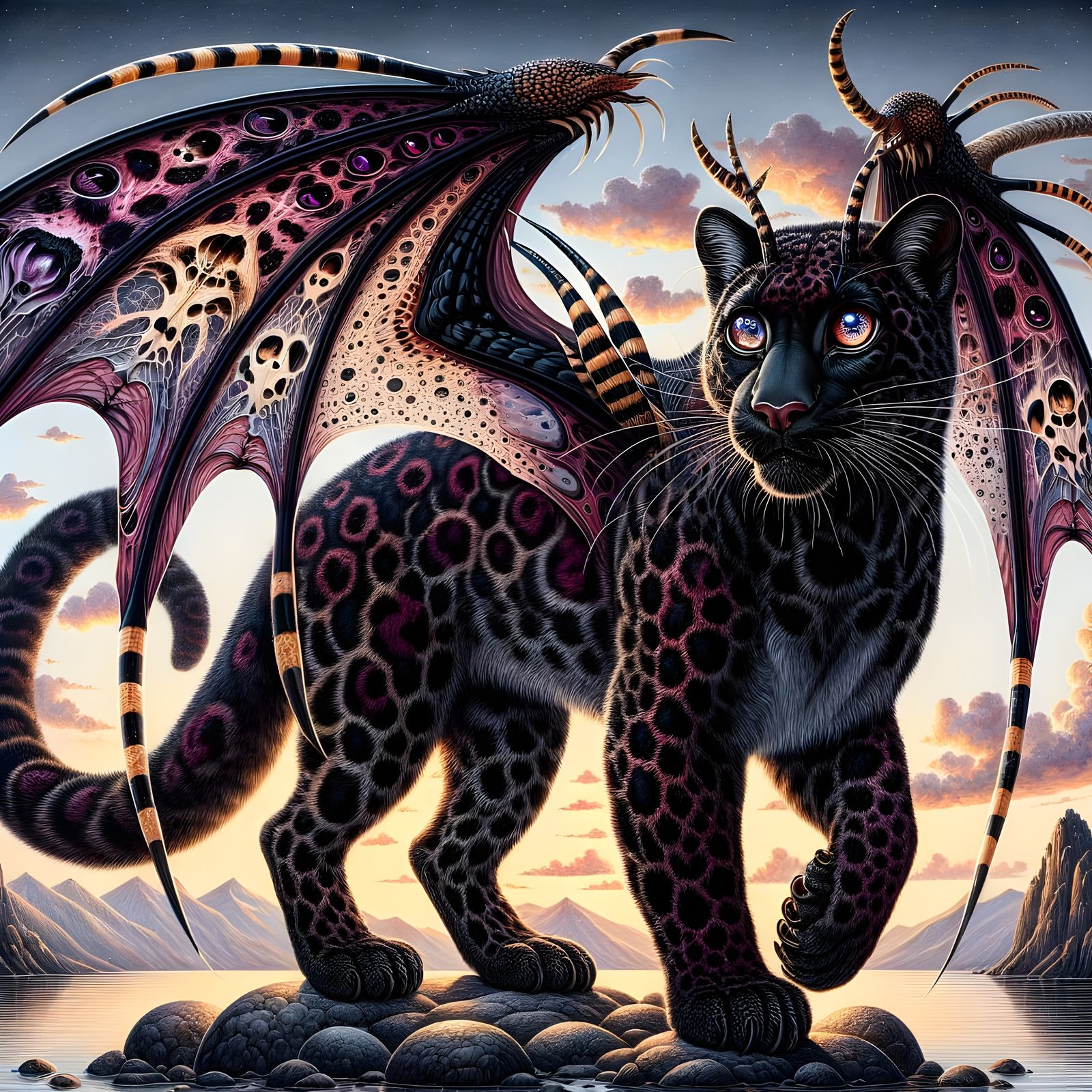 Regal Wine-Purple Leopard with Dragon Wings and Murex Antler...