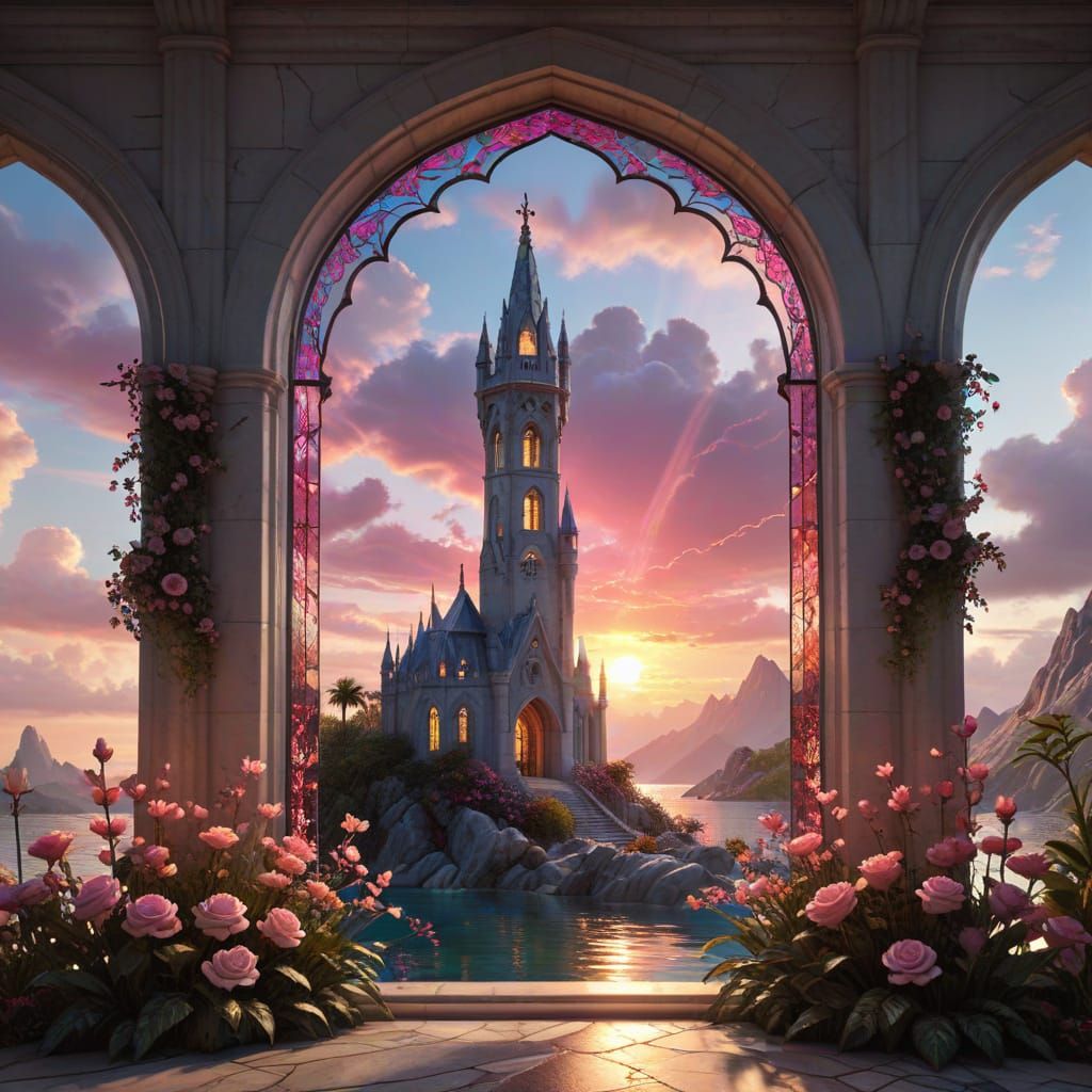 Stained Glass Gothic Window with Tropical Sunset and Dragon