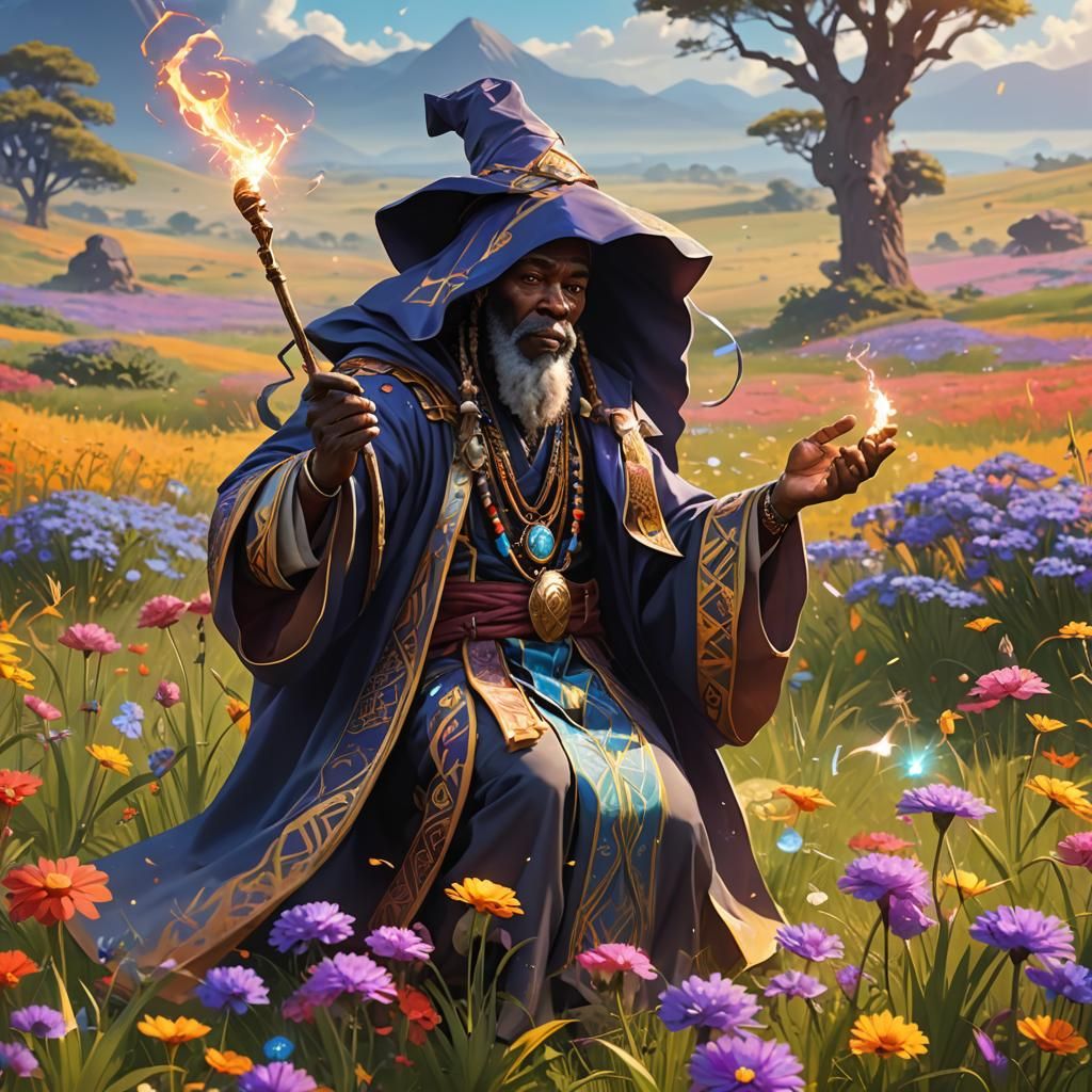 African Wizard Casting Magic: 3D Anime Art