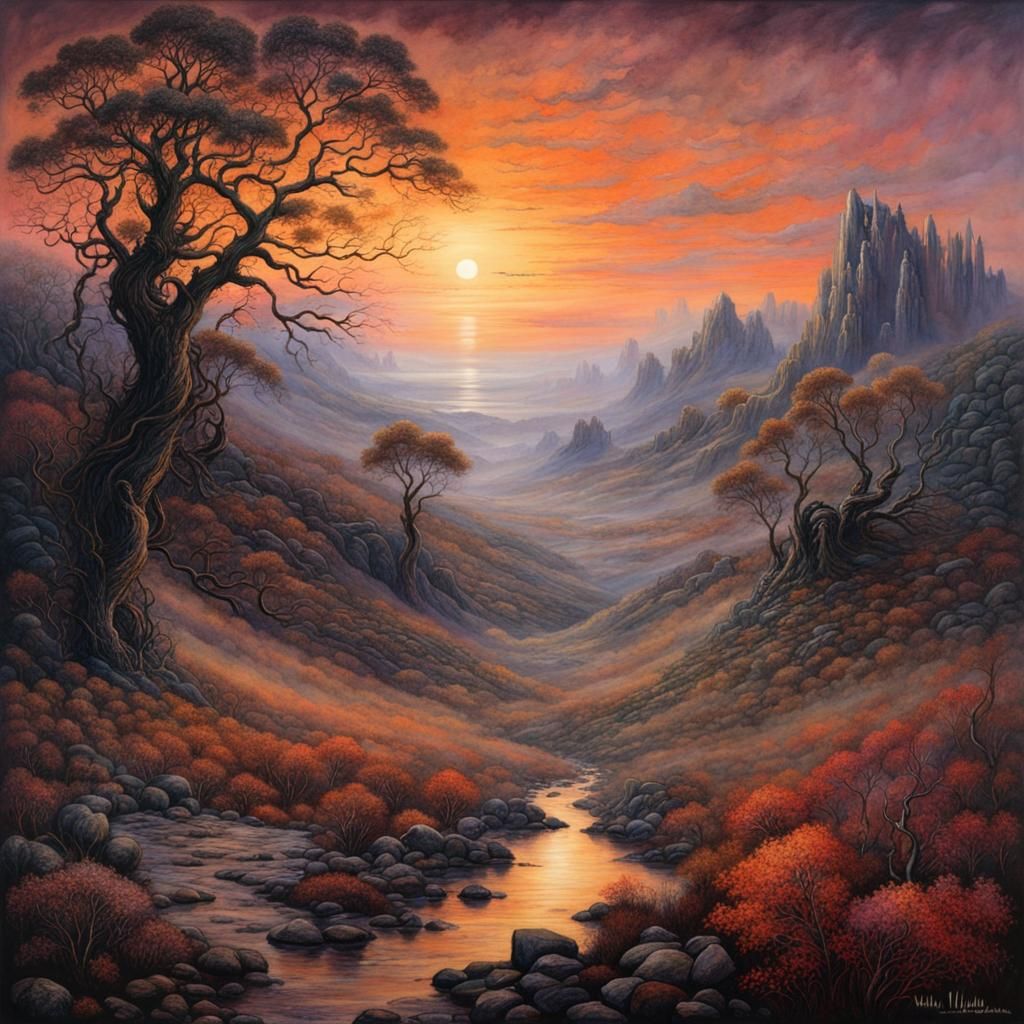 Ethereal Sunset Fantasy in Dark Watercolor