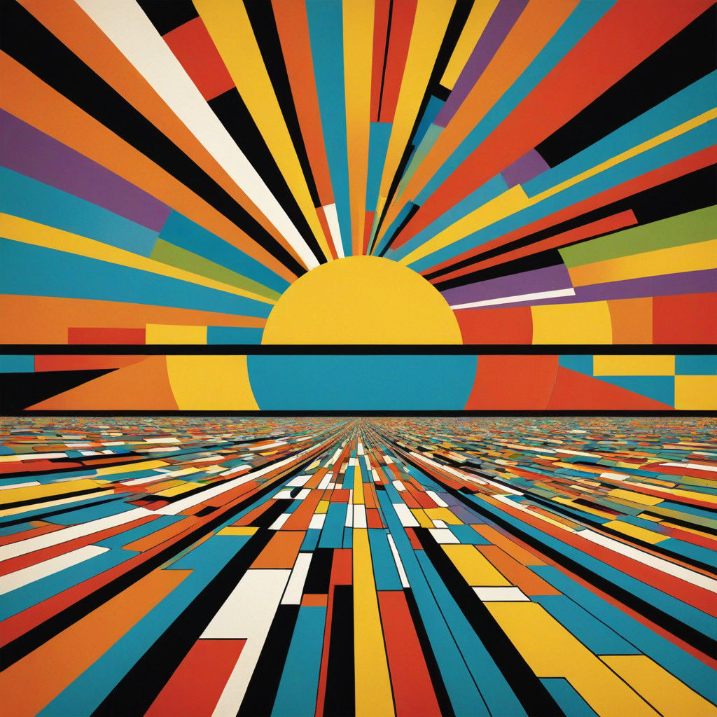 Vibrant Mongolian Plain Sunset in Bold Bauhaus Style