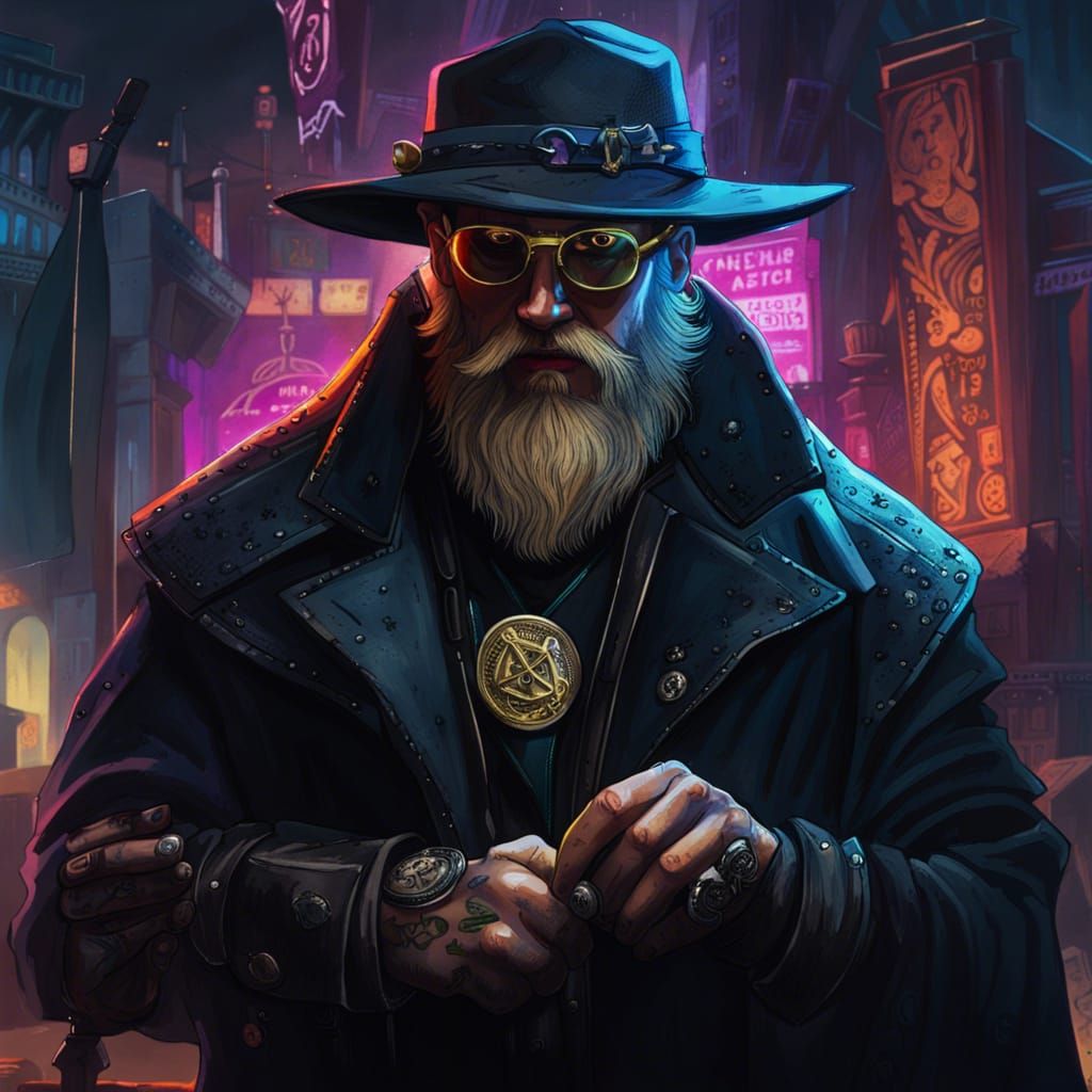 Cyberpunk Gambler with Fedora, Beard and Revolver