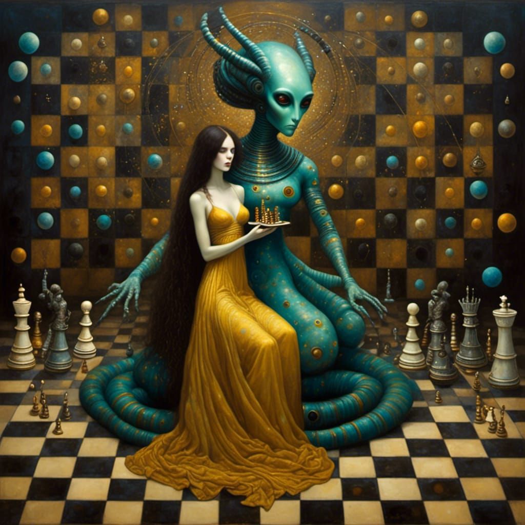 Surreal Alien Priestess Plays Chess in Klimt Style