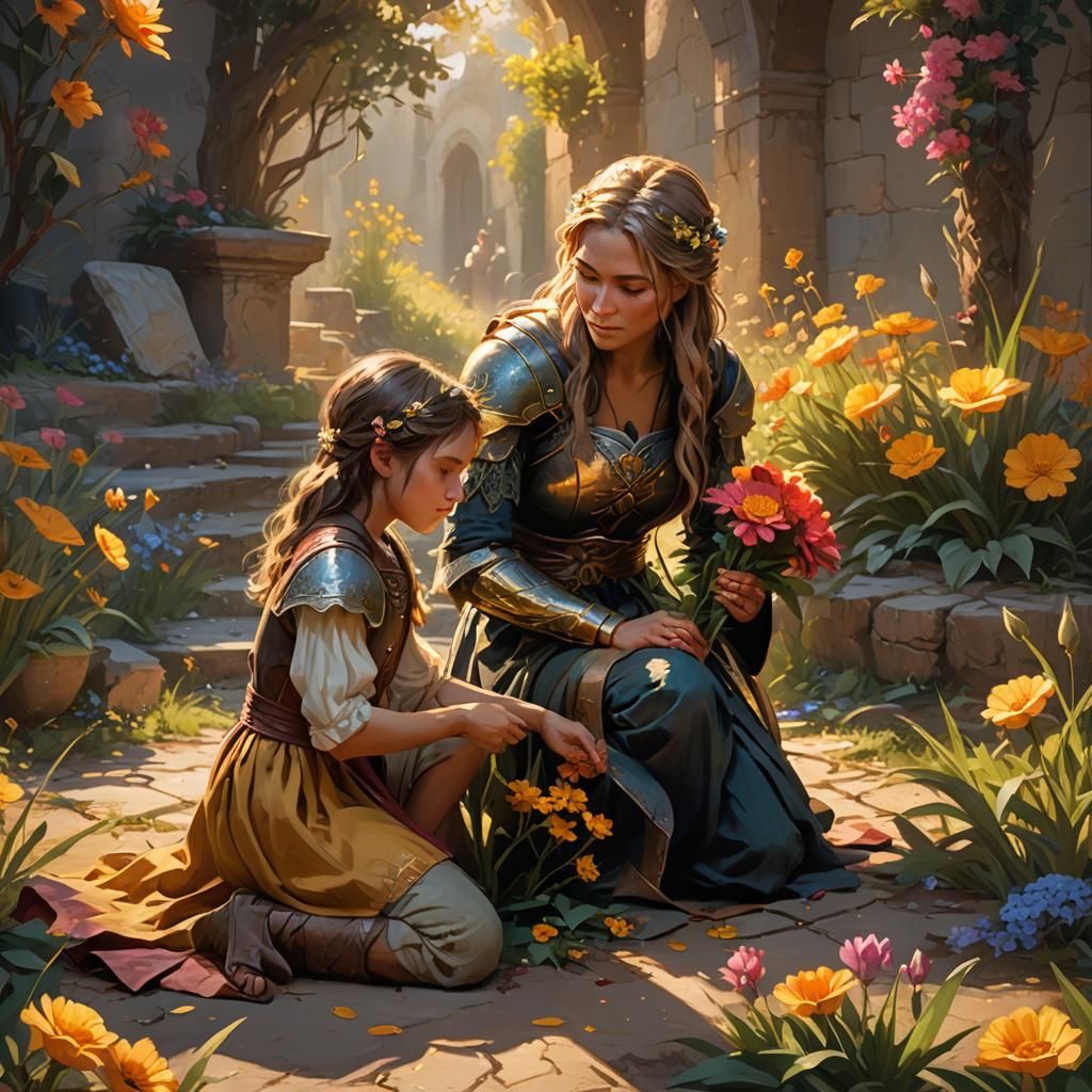 Wounded Woman Gives Flower: Fantasy Oil Painting