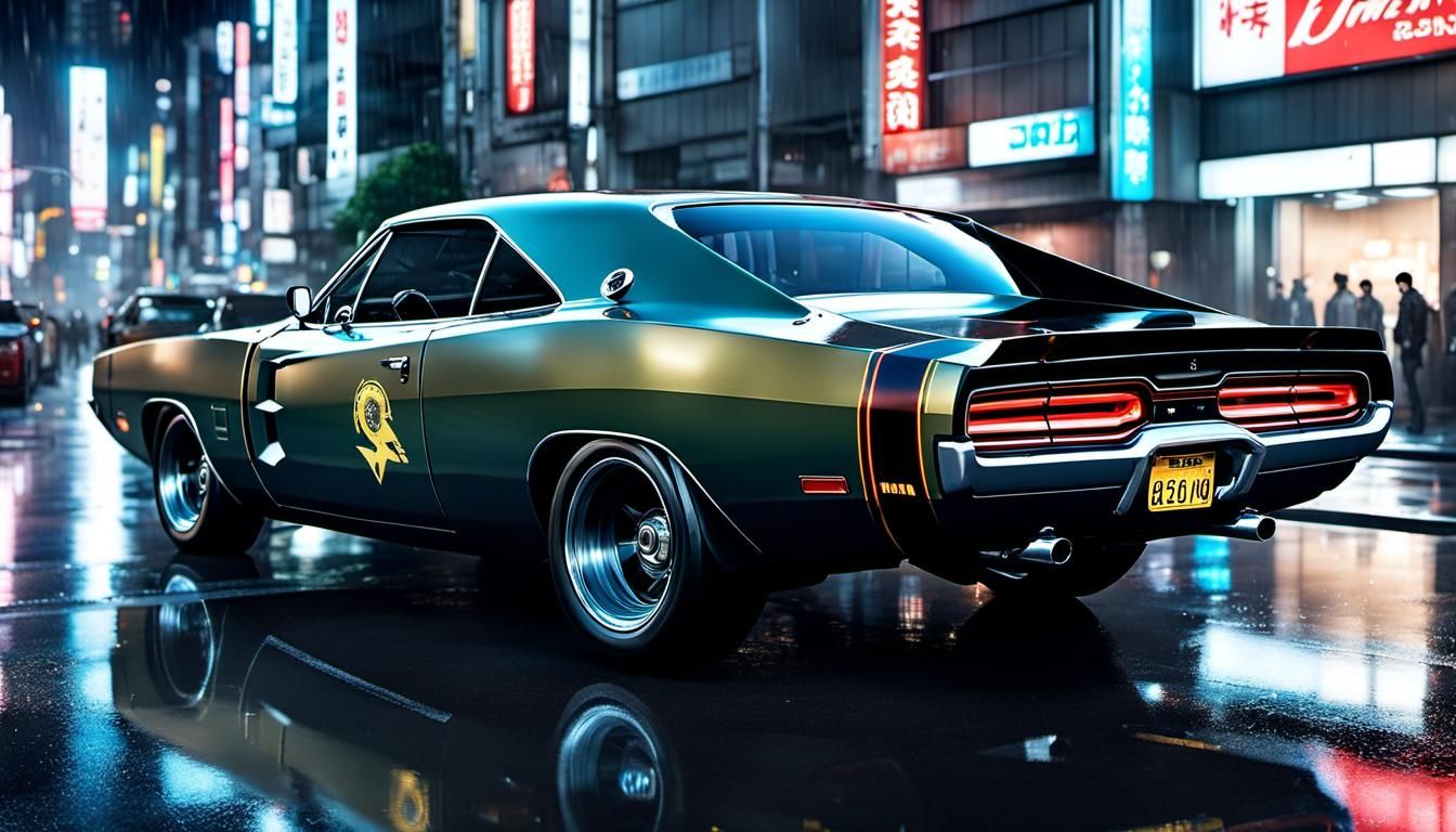 Anime Dodge Charger in Tokyo Street, Candy Art Style