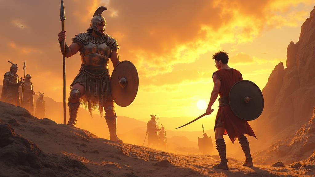 David and Goliath: Epic Battle in Comic Book Style