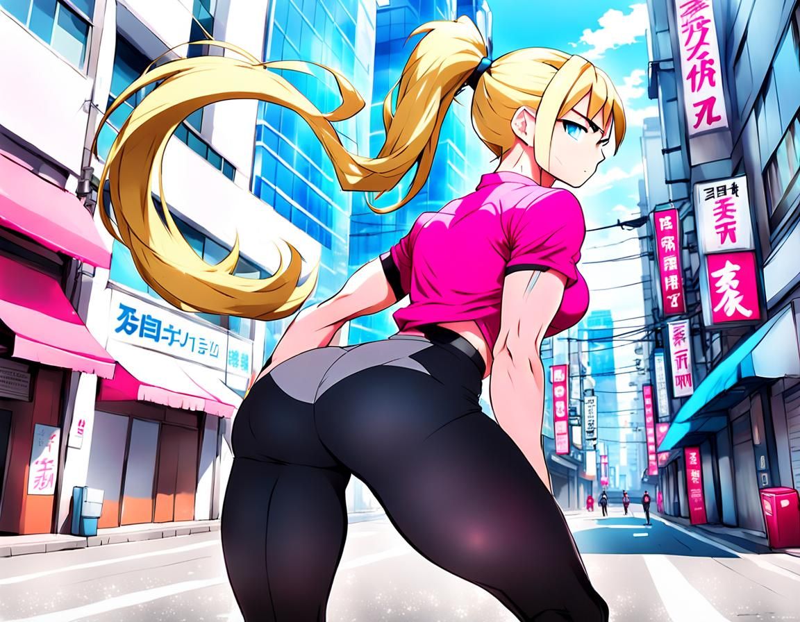 Muscular Woman with Ponytail in Anime Style
