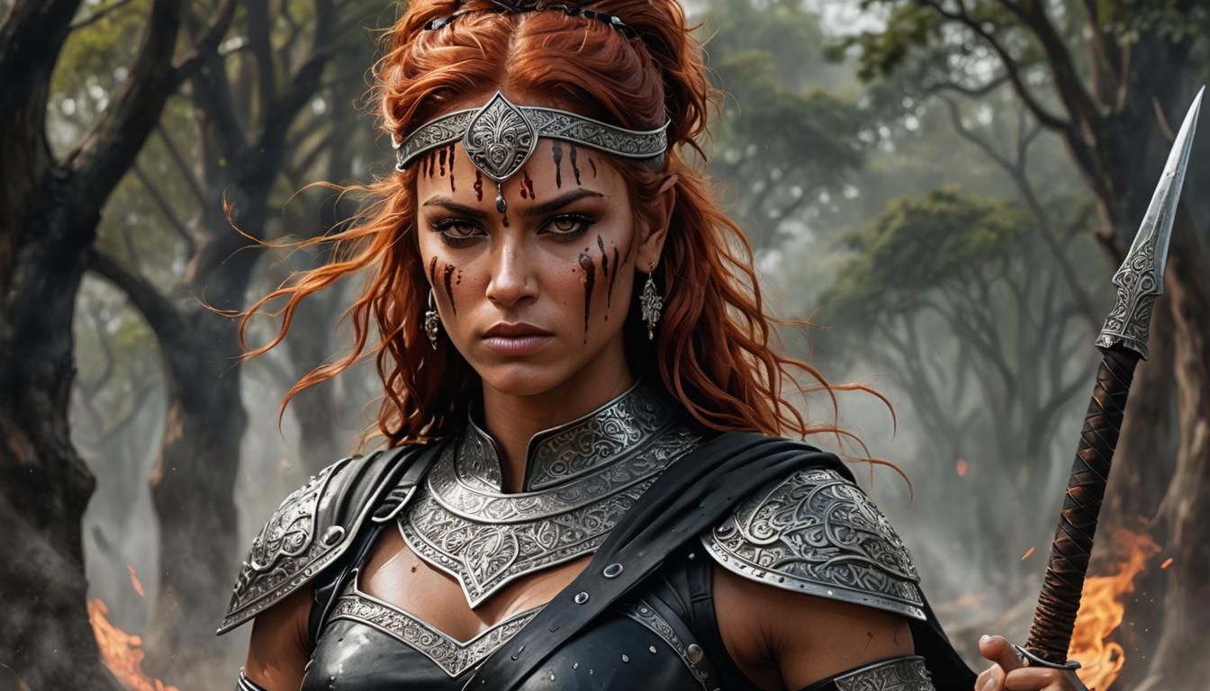 A redhead female Warrior means business