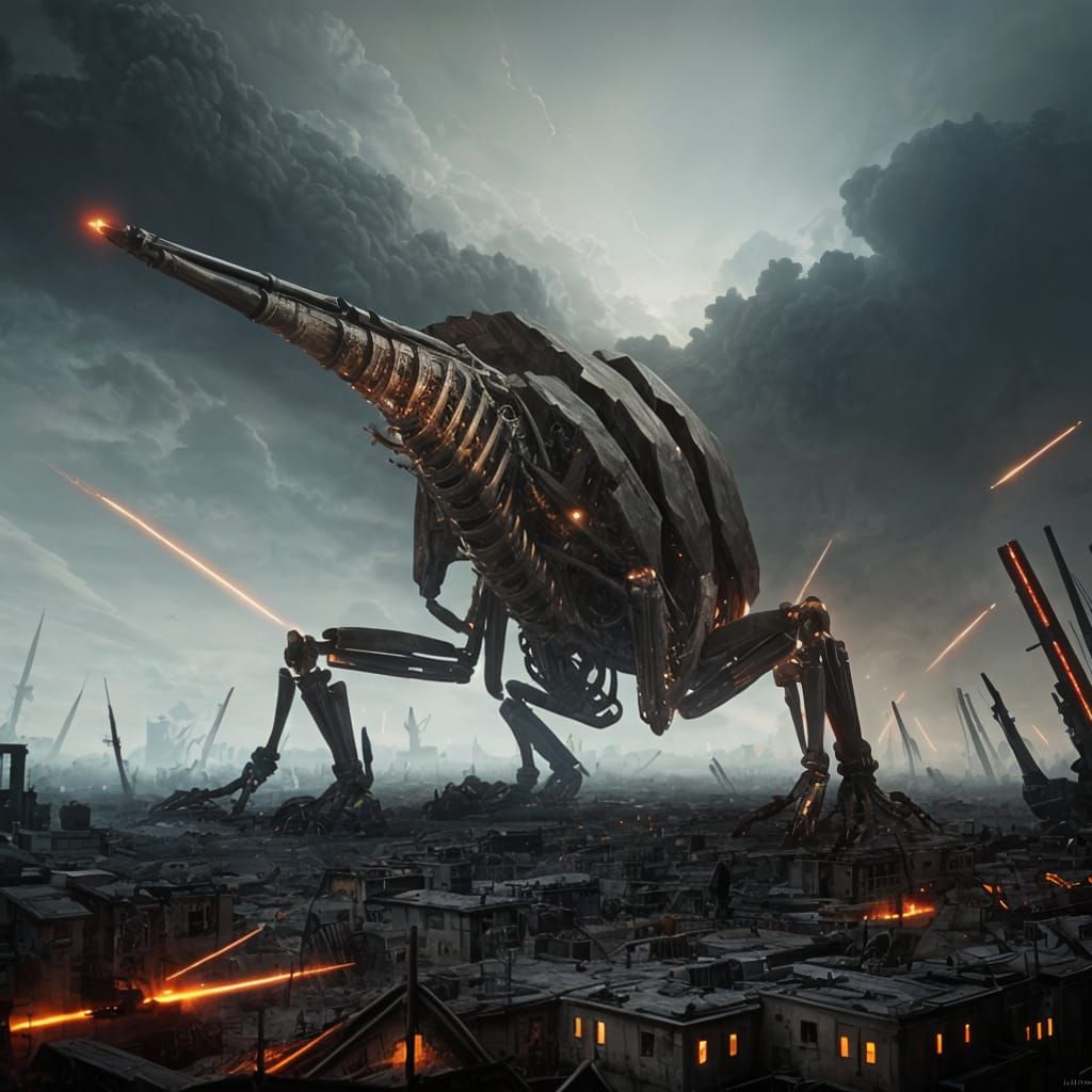 Mechanical Bone Mantis in Dystopian Warzone