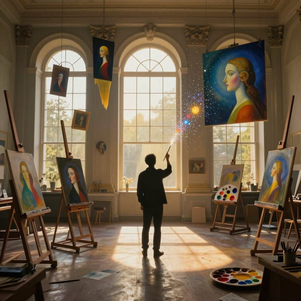 Visionary Artist in Surreal Studio