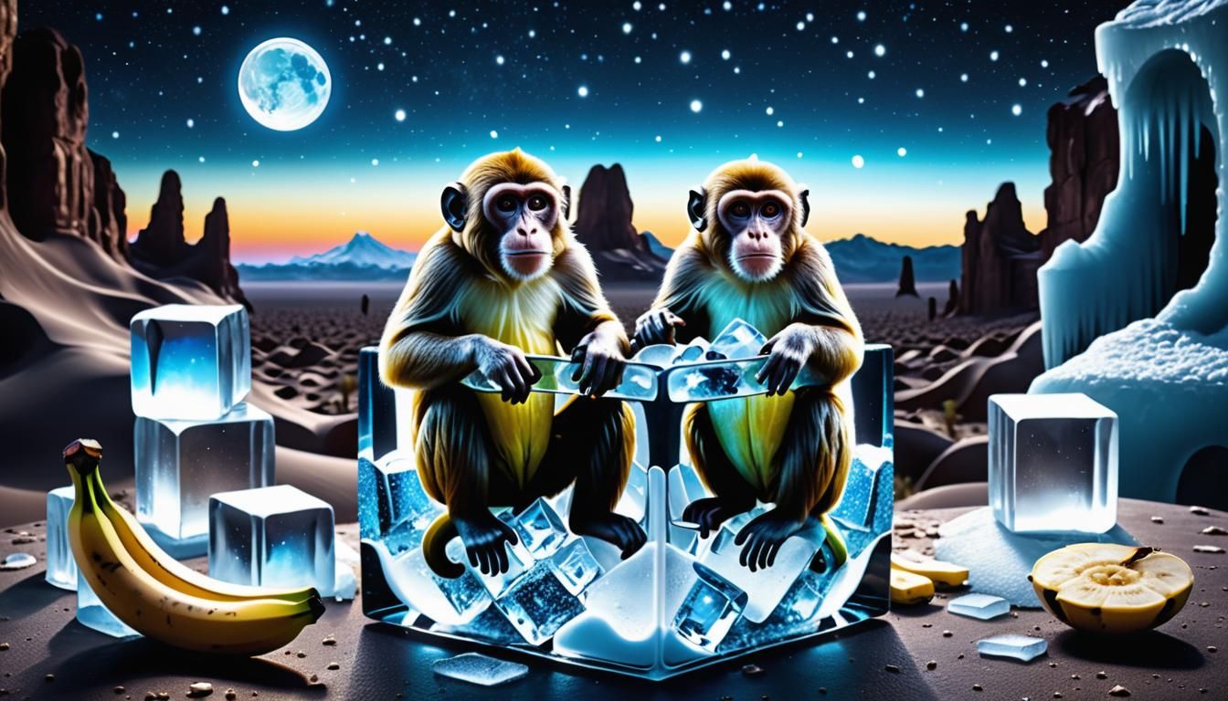Crystal Monkey in Ice Cube Desert Landscape