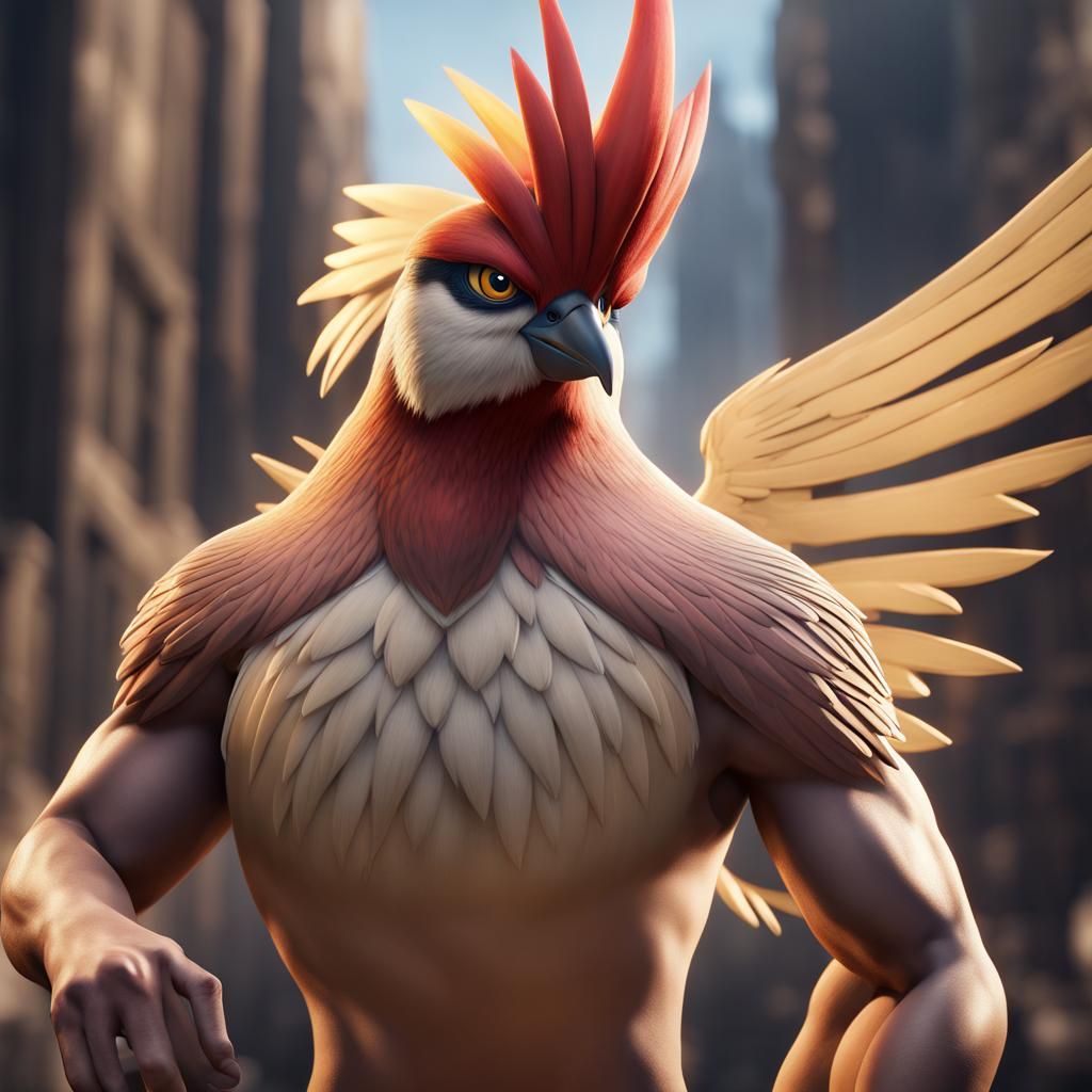 Muscular Pidgey Pokémon Hybrid: Hyperrealistic Art