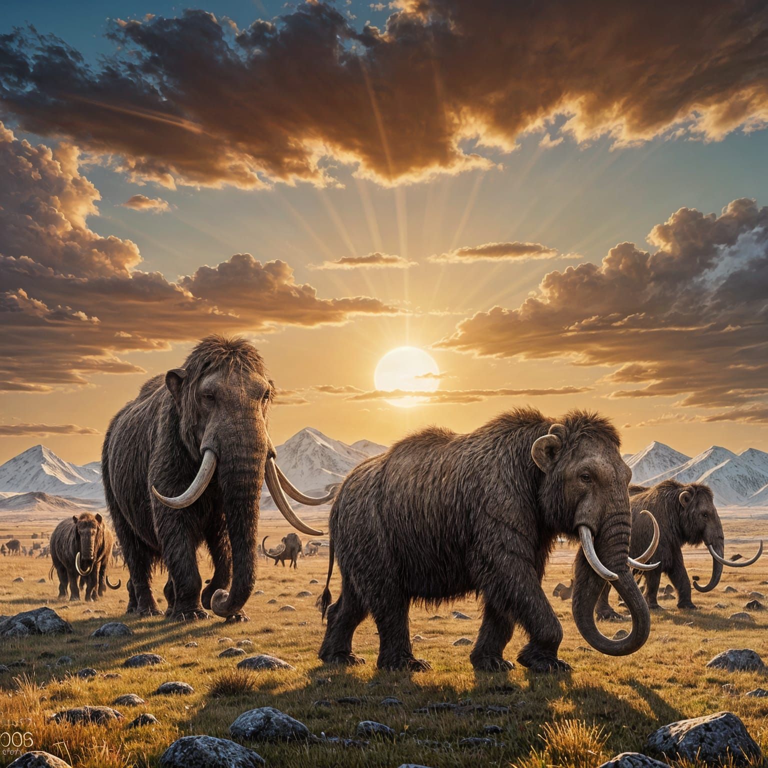 Prehistoric Mammoths and Tigers in Dramatic Sunset
