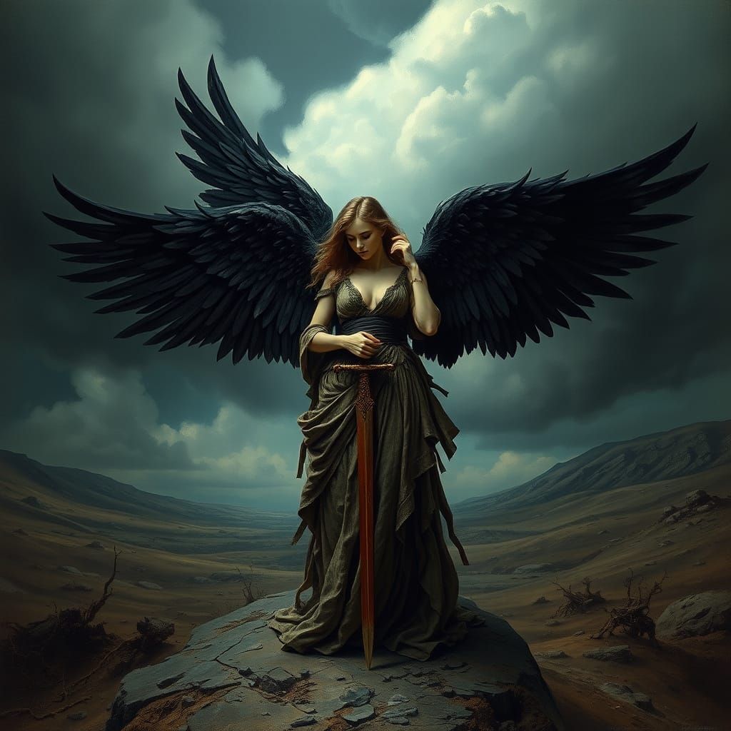 Romantic Guardian Angel Watches Over Desolate Landscape