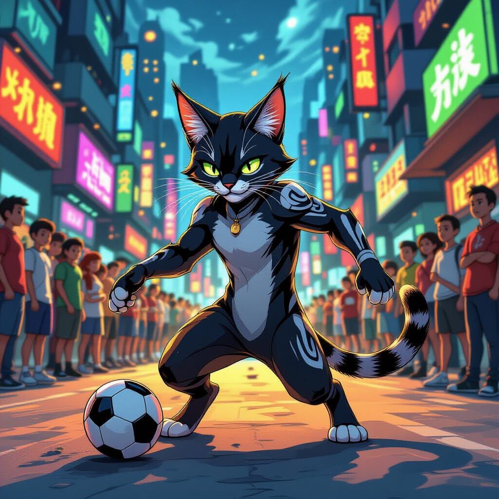 Serval Cat Plays Soccer in Futuristic City