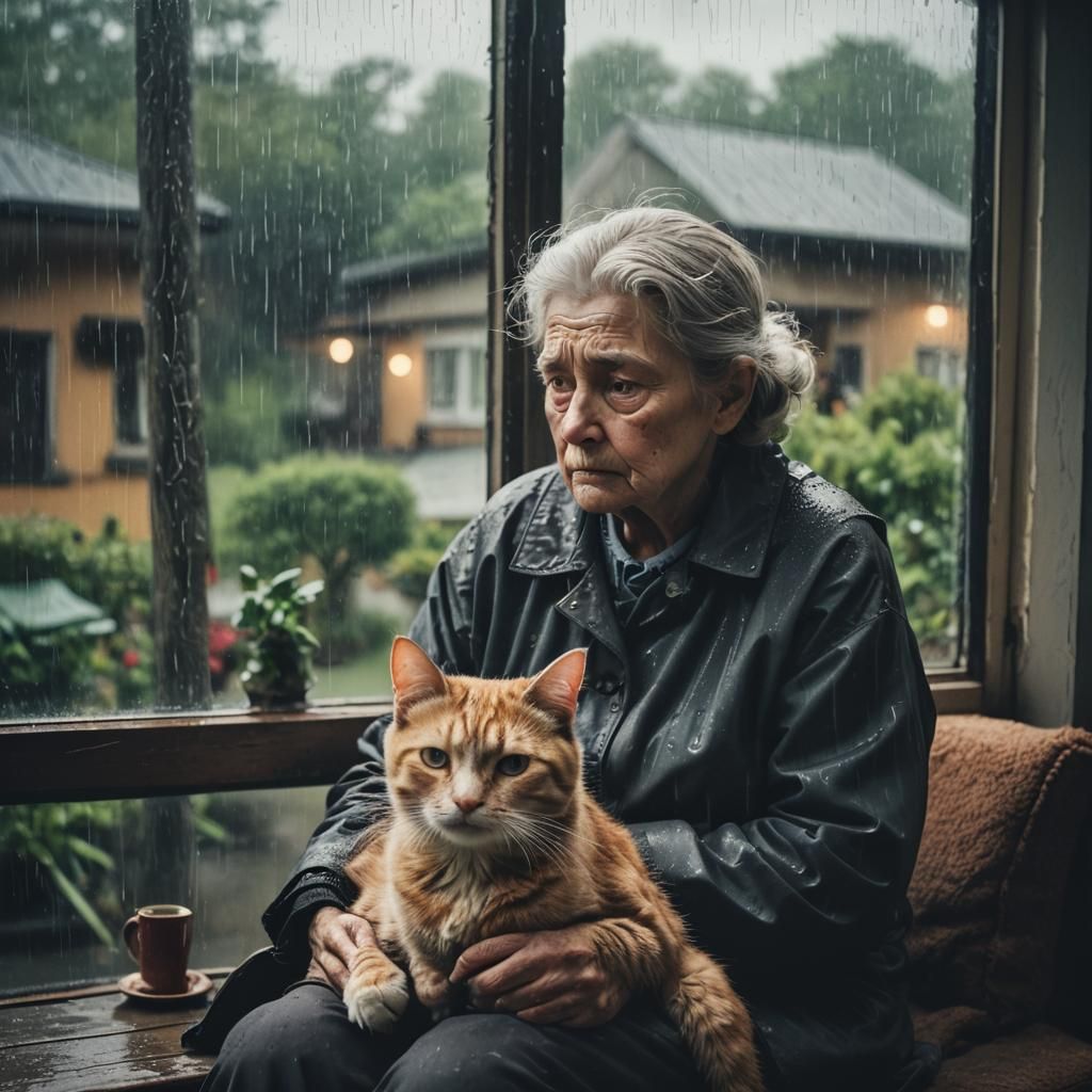 Sad Woman and Cat on Rainy Day: Cinematic Still