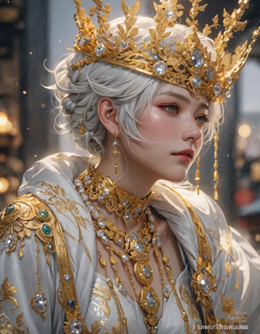 Anime Art of Woman with White Hair and Jewelry