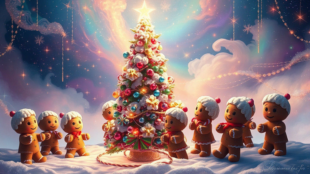 Whimsical Gingerbread Celebration in Holographic Astral Styl...