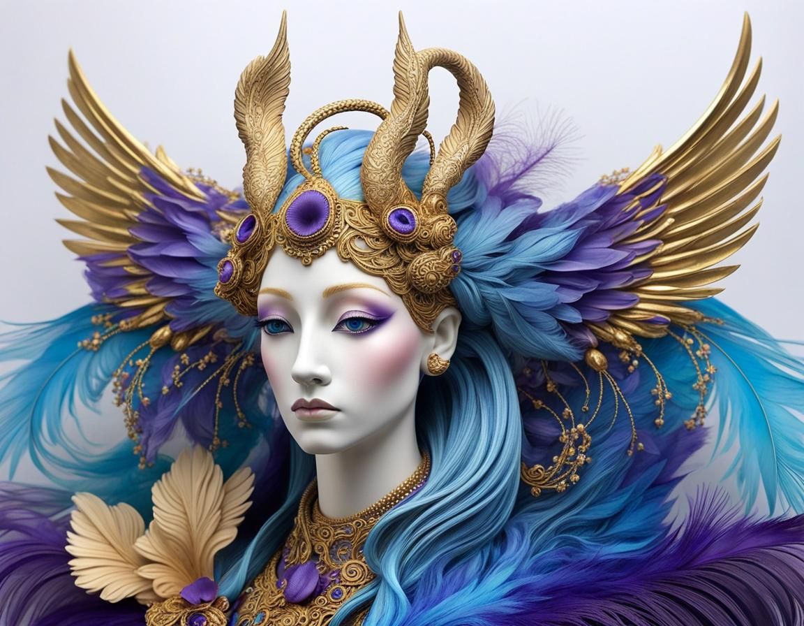 Divine Swan-Necked Woman with Gold Filigree, Watercolor Styl...